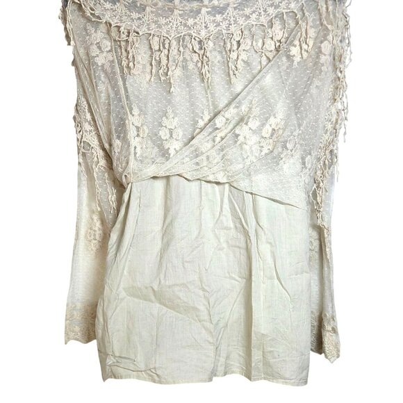 Contrast Cream Floral Embroidery Lace Long Sleeve Boho Cowgirl Mini Dress Medium - Picture 5 of 6